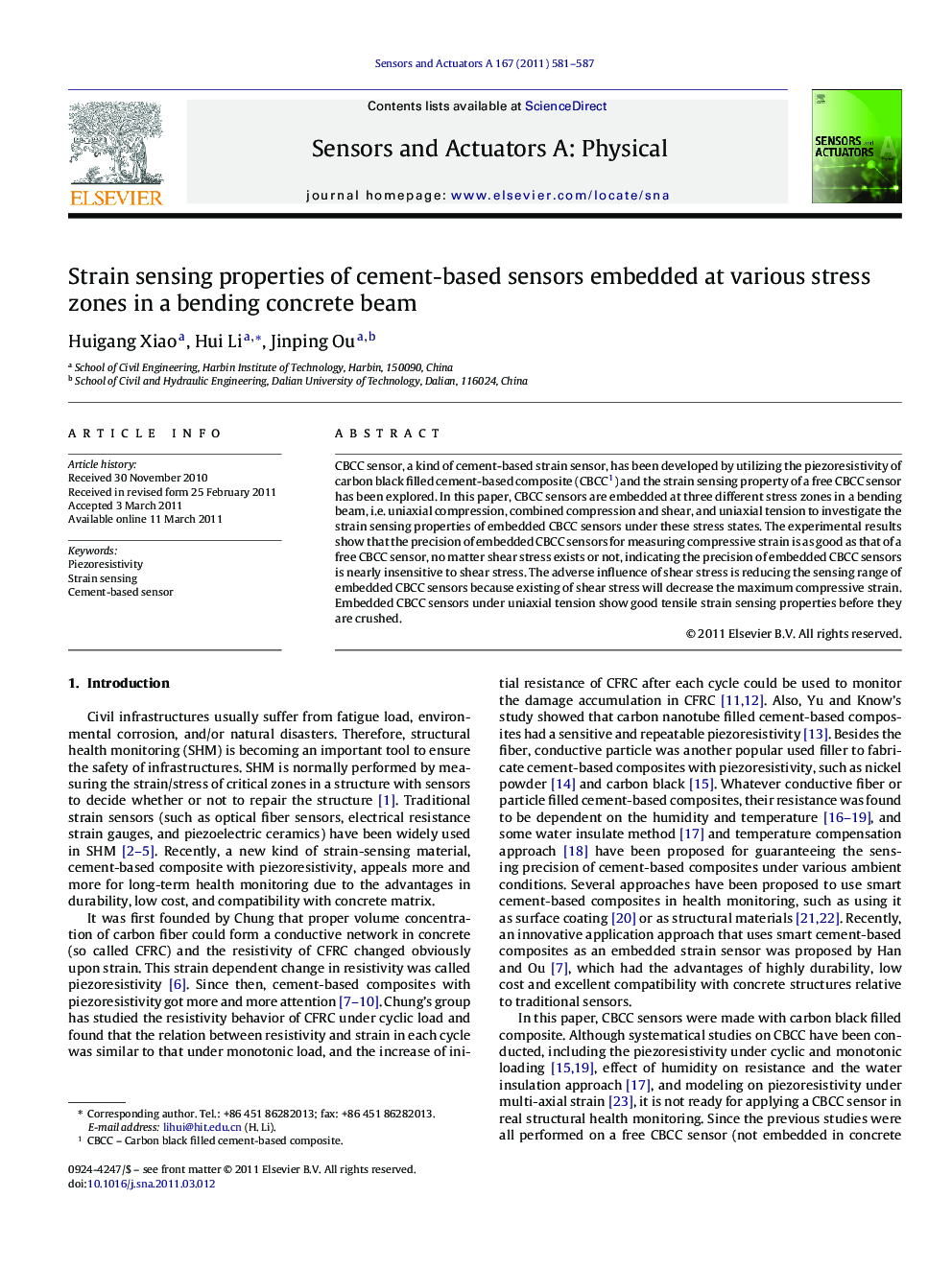 Strain sensing properties of cement-based sensors embedded at various stress zones in a bending concrete beam