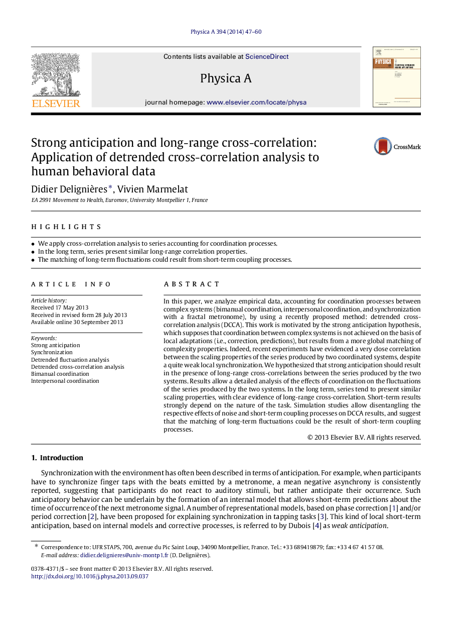 Strong anticipation and long-range cross-correlation: Application of detrended cross-correlation analysis to human behavioral data