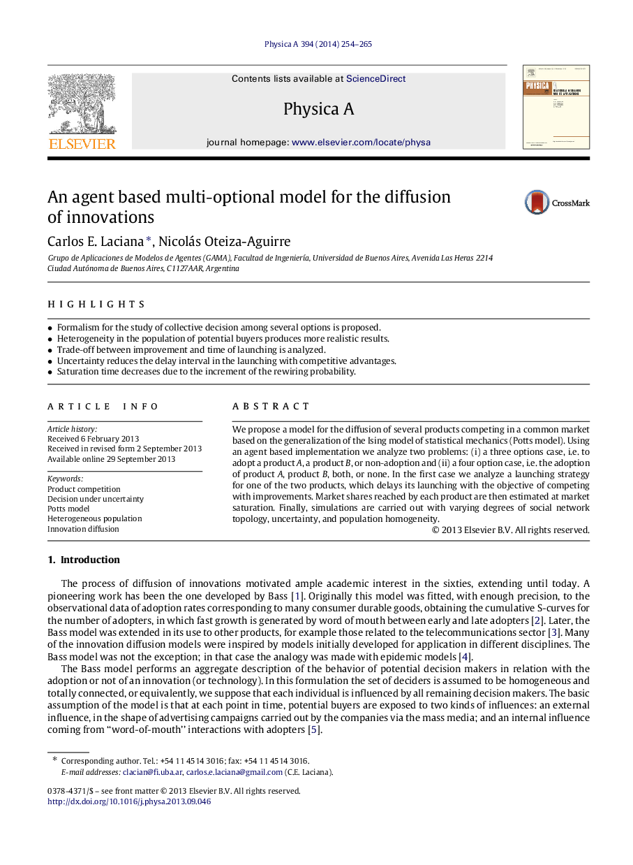 An agent based multi-optional model for the diffusion of innovations