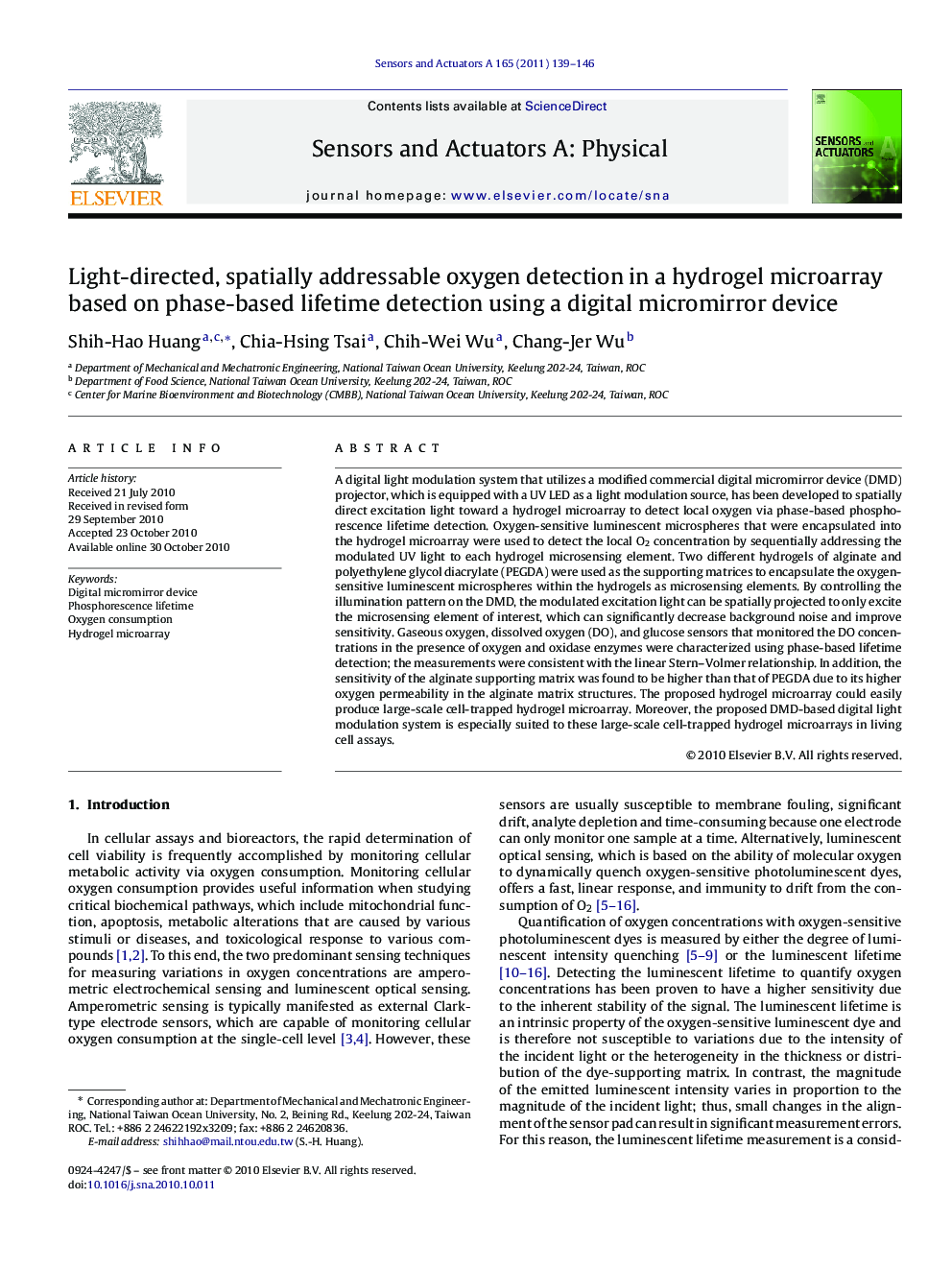 Light-directed, spatially addressable oxygen detection in a hydrogel microarray based on phase-based lifetime detection using a digital micromirror device