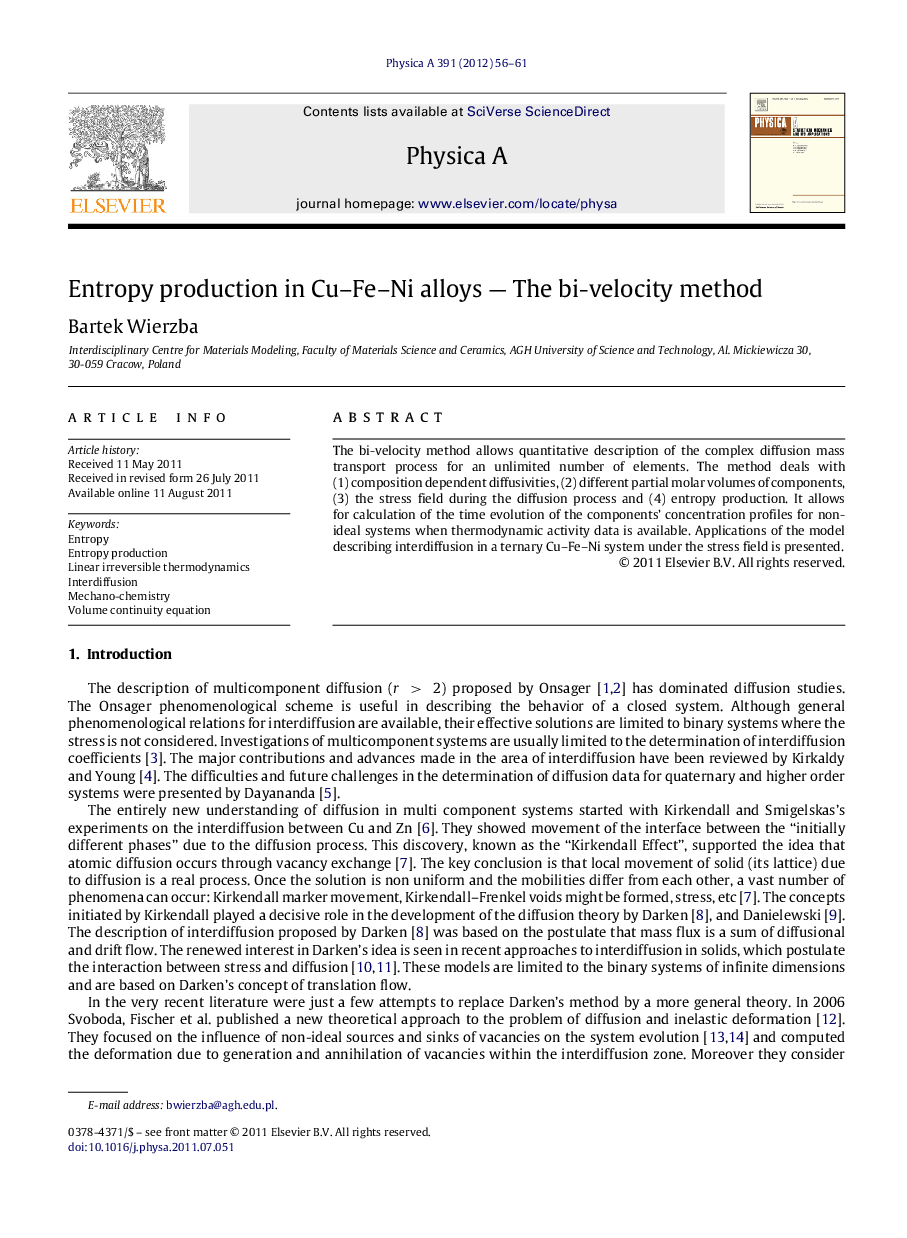 Entropy production in Cu-Fe-Ni alloys - The bi-velocity method