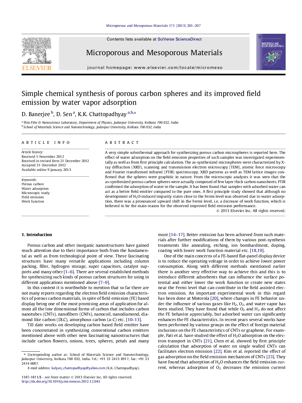 Simple chemical synthesis of porous carbon spheres and its improved field emission by water vapor adsorption