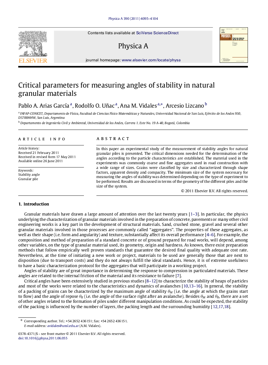 Critical parameters for measuring angles of stability in natural granular materials