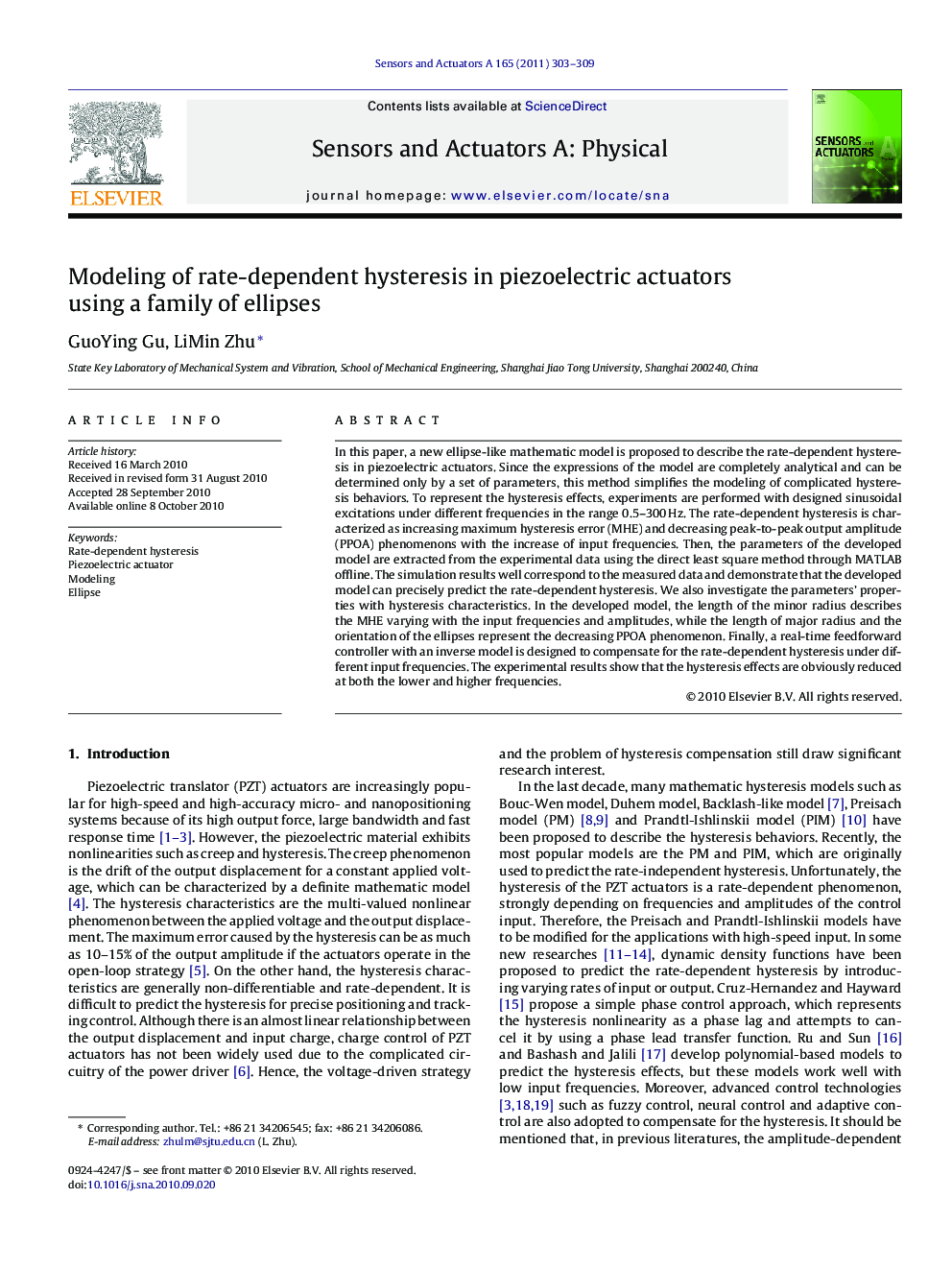 Modeling of rate-dependent hysteresis in piezoelectric actuators using a family of ellipses