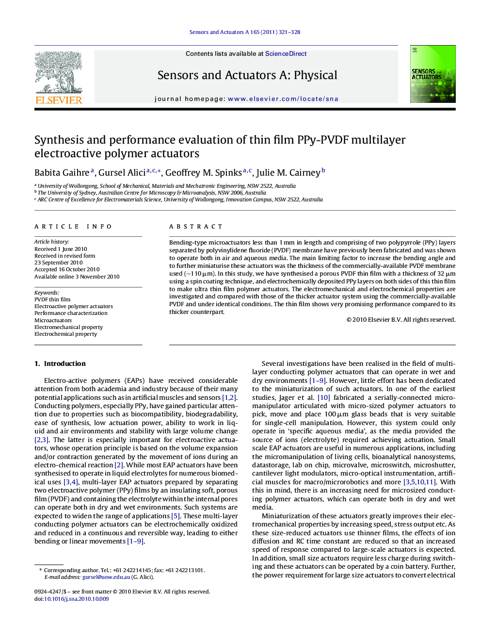 Synthesis and performance evaluation of thin film PPy-PVDF multilayer electroactive polymer actuators
