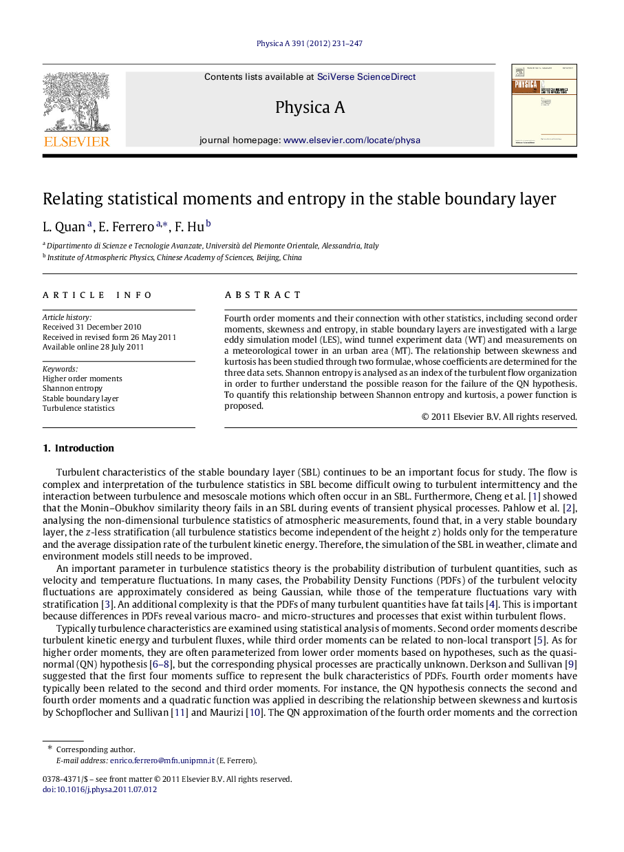 Relating statistical moments and entropy in the stable boundary layer