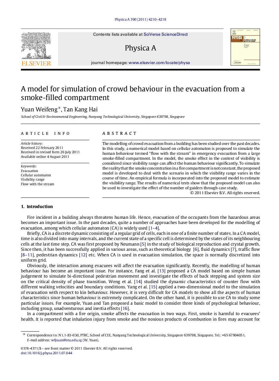 A model for simulation of crowd behaviour in the evacuation from a smoke-filled compartment