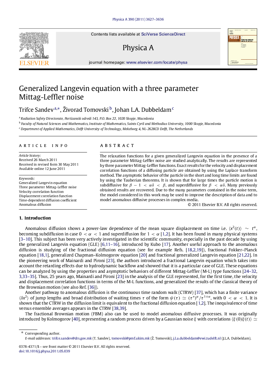 Generalized Langevin equation with a three parameter Mittag-Leffler noise