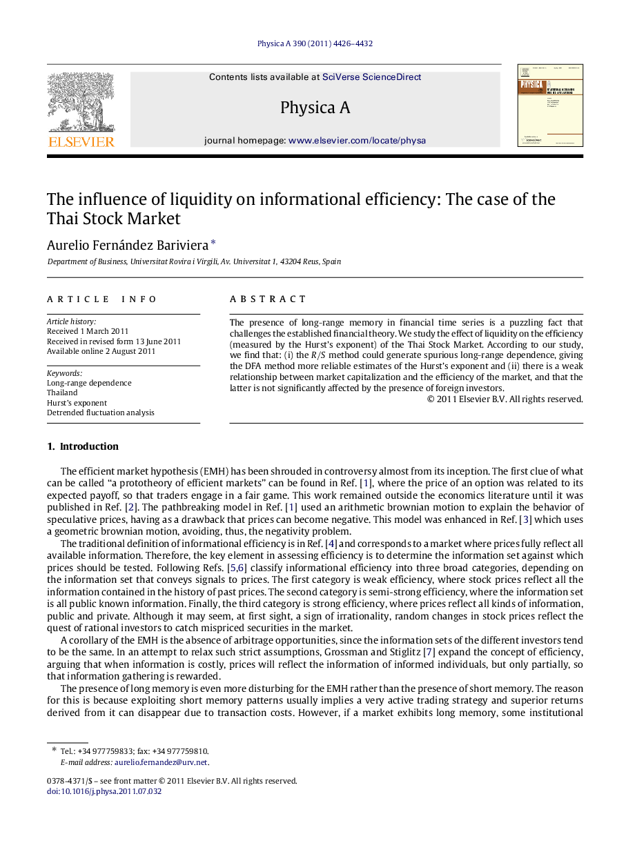 The influence of liquidity on informational efficiency: The case of the Thai Stock Market