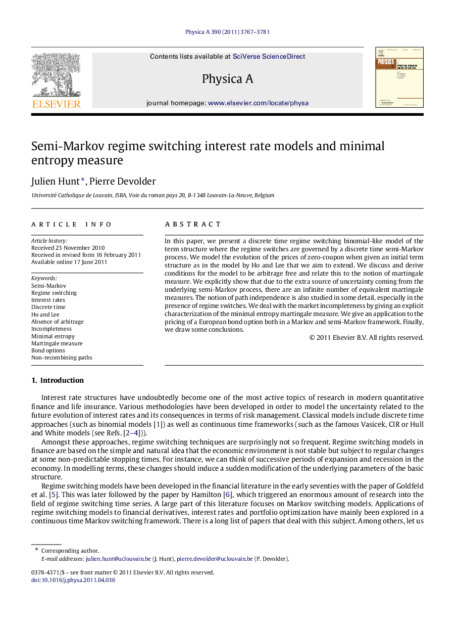 Semi-Markov regime switching interest rate models and minimal entropy measure