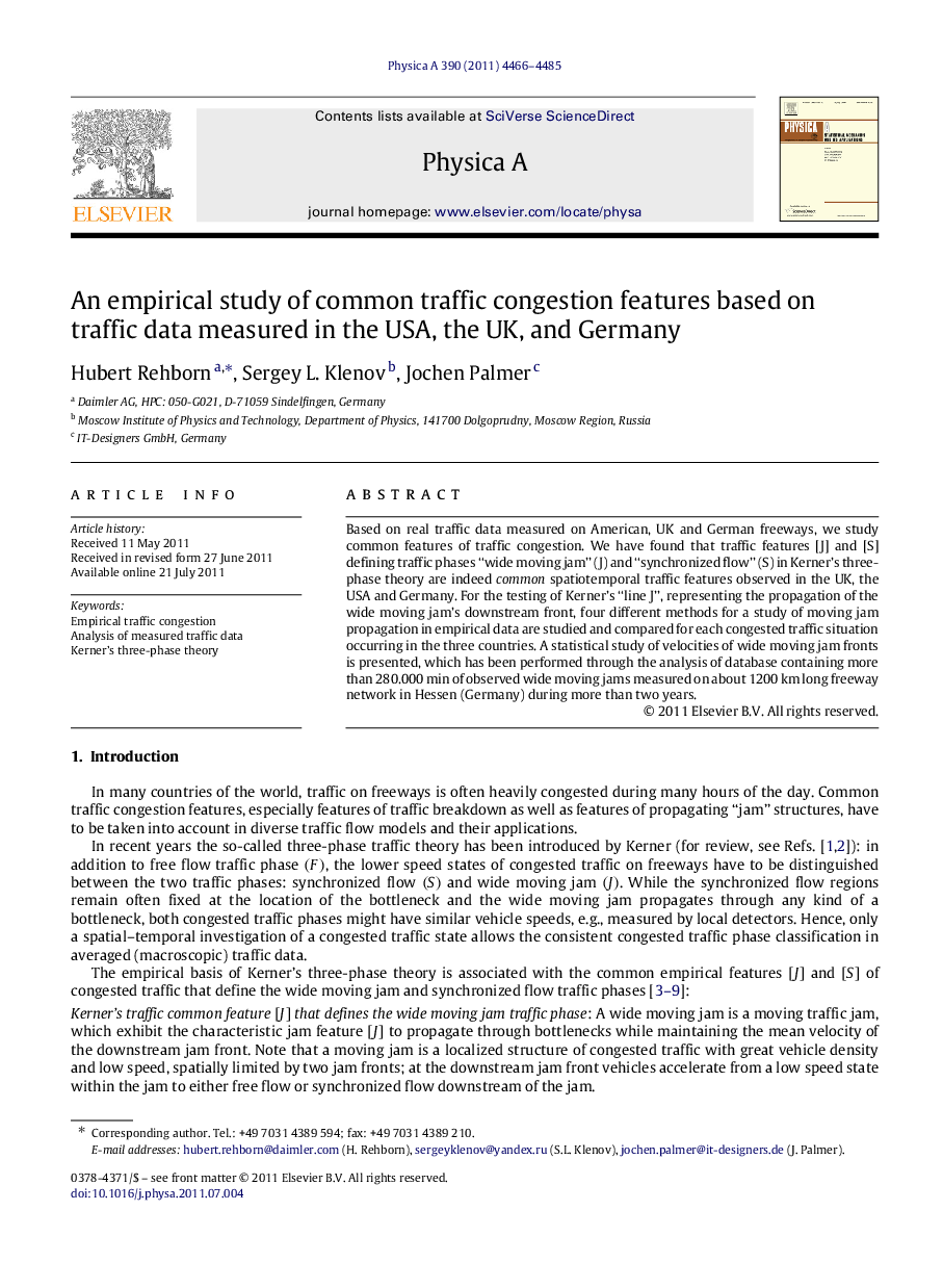 An empirical study of common traffic congestion features based on traffic data measured in the USA, the UK, and Germany