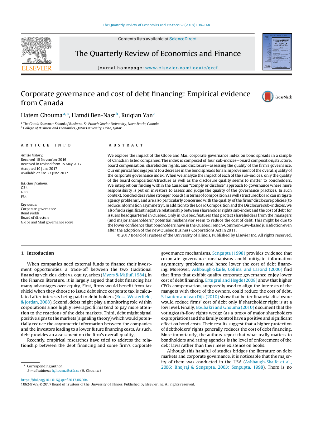 Corporate governance and cost of debt financing: Empirical evidence from Canada