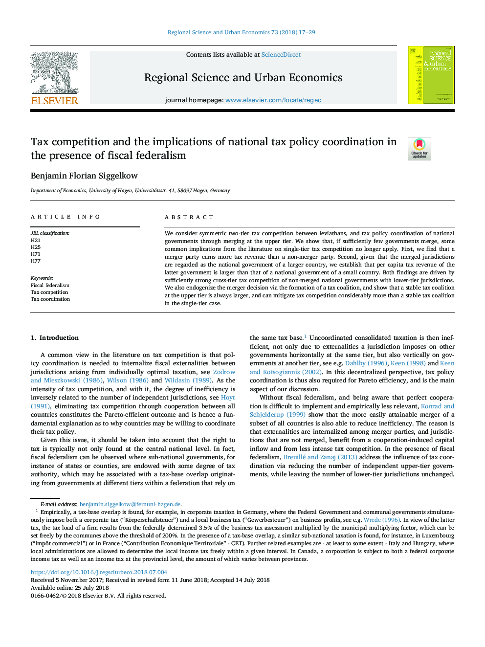 Tax competition and the implications of national tax policy coordination in the presence of fiscal federalism