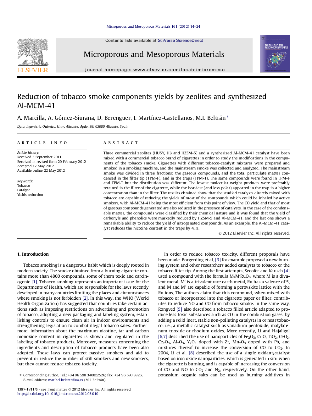 عکس صفحه اول مقاله: Reduction of tobacco smoke components yields by zeolites and synthesized Al-MCM-41 Reduction of tobacco smoke components yields by zeolites and synthesized Al-MCM-41