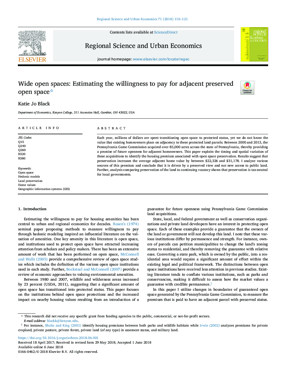 Wide open spaces: Estimating the willingness to pay for adjacent preserved open space