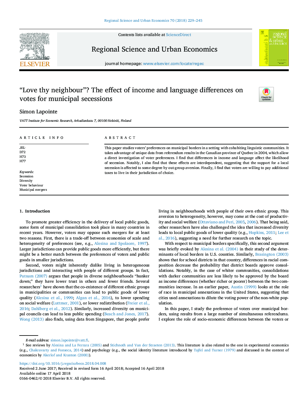 “Love thy neighbour”? The effect of income and language differences on votes for municipal secessions