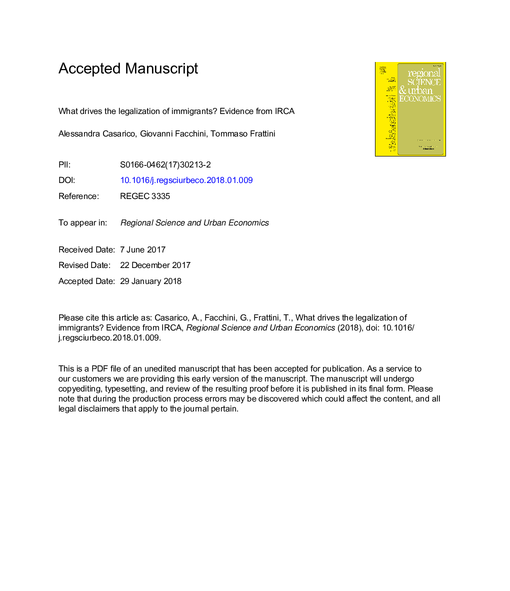 عکس صفحه اول مقاله: What drives the legalization of immigrants? Evidence from IRCA What drives the legalization of immigrants? Evidence from IRCA