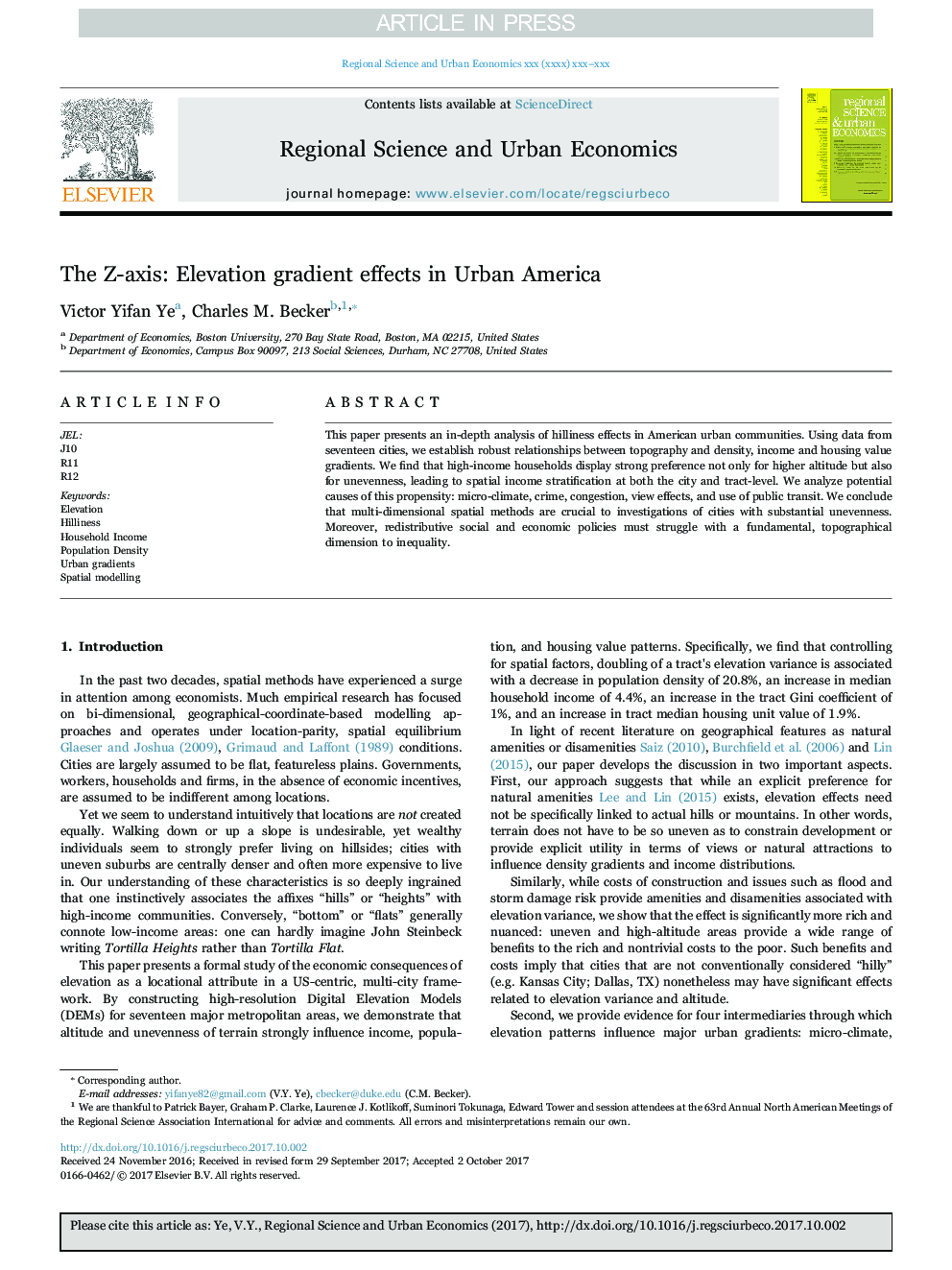 The Z-axis: Elevation gradient effects in Urban America