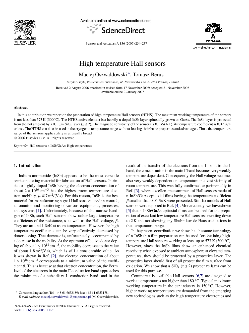 High temperature Hall sensors