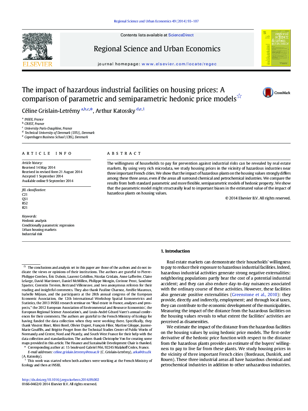 The impact of hazardous industrial facilities on housing prices: A comparison of parametric and semiparametric hedonic price models