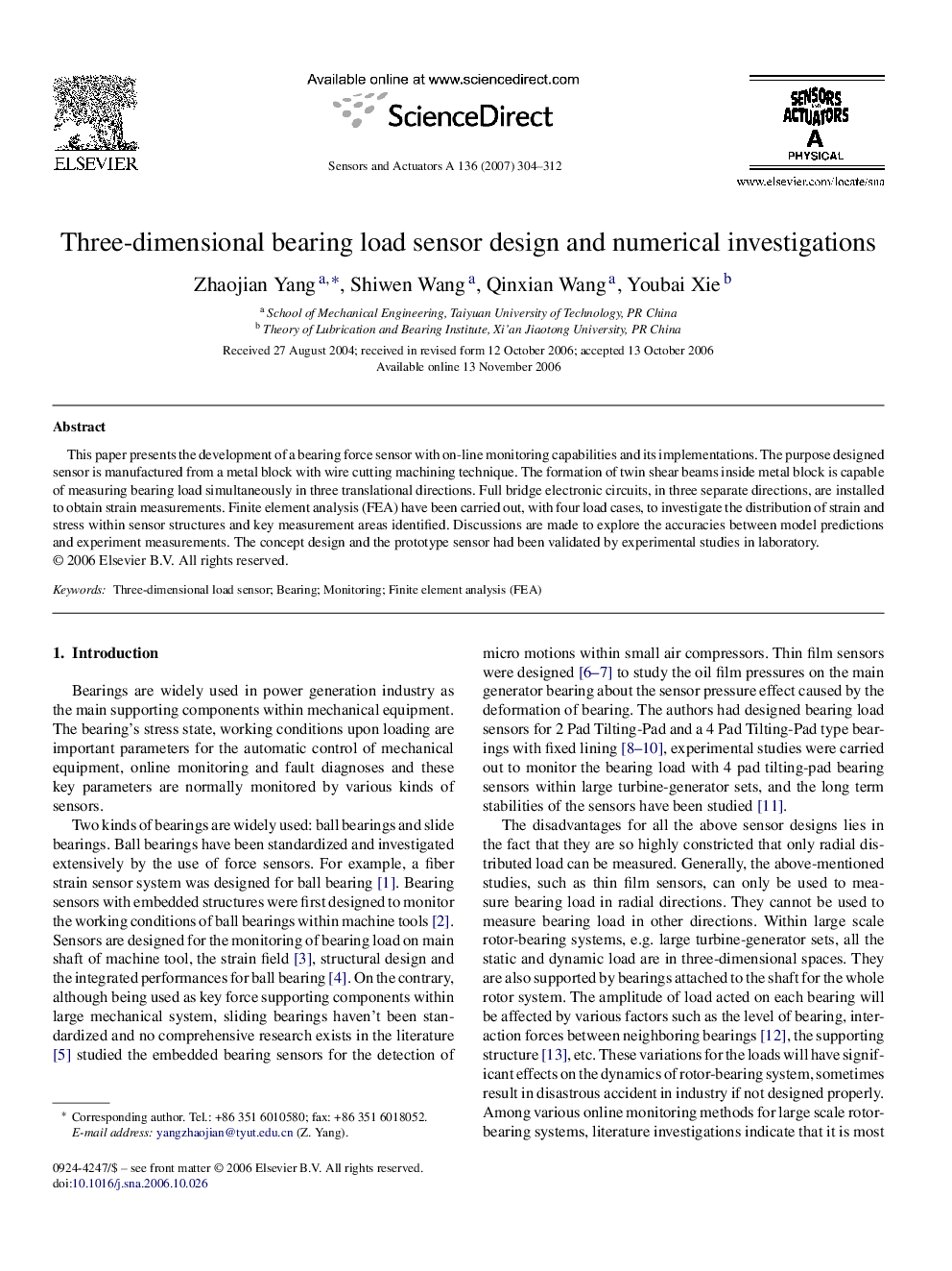 Three-dimensional bearing load sensor design and numerical investigations