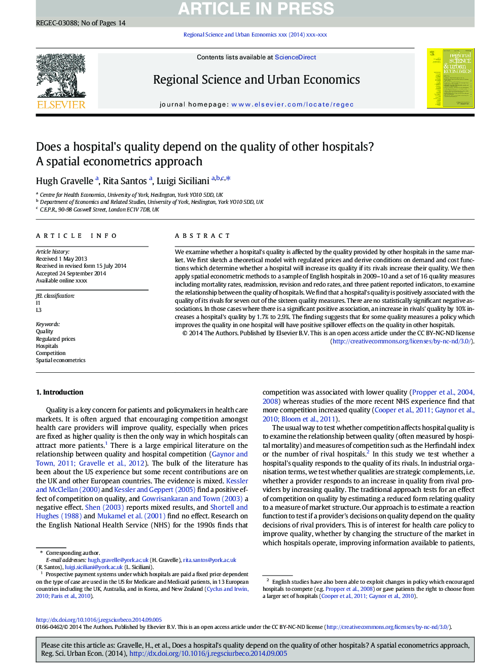 Does a hospital's quality depend on the quality of other hospitals? A spatial econometrics approach