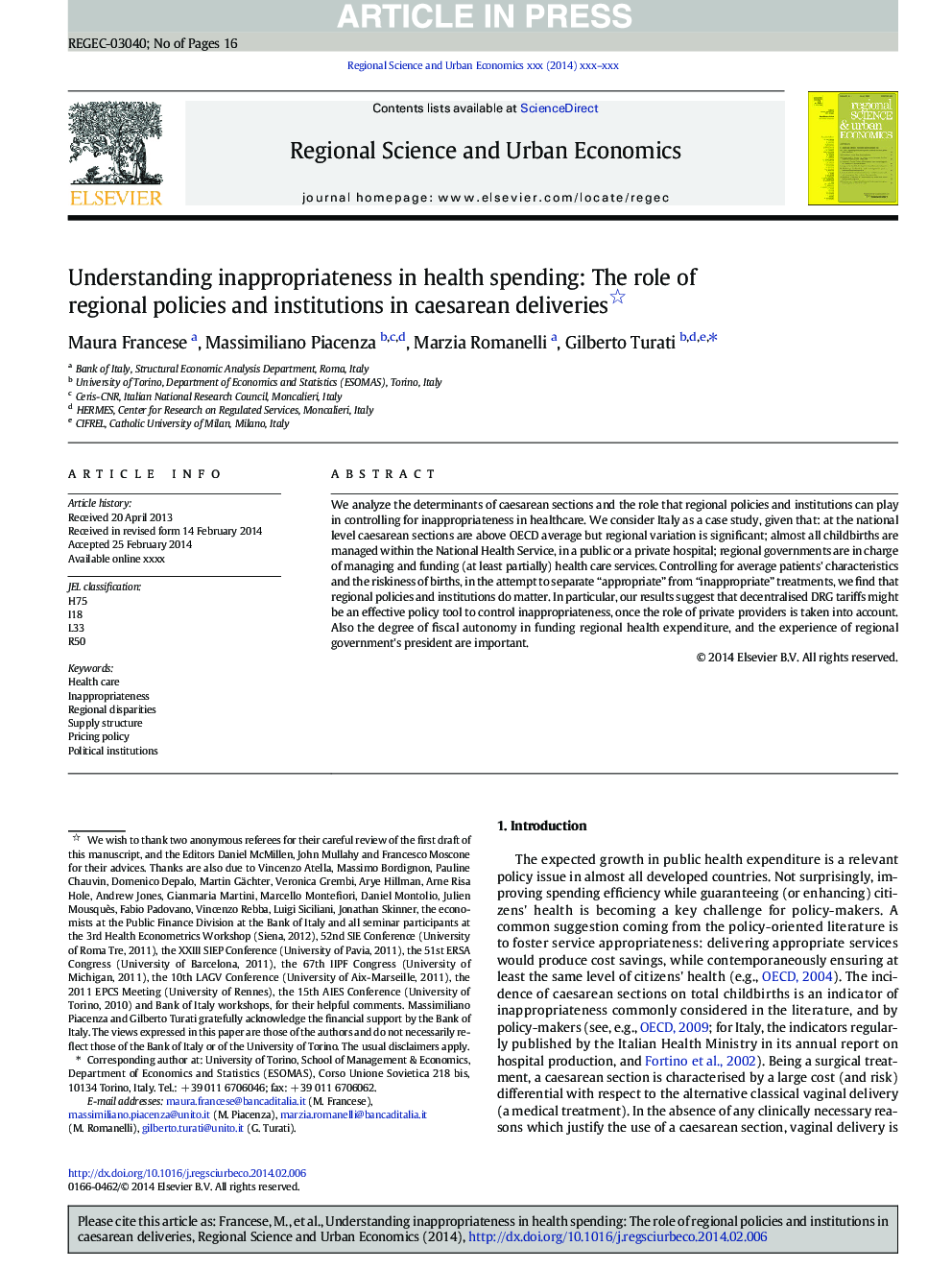 درک ناپذیری در هزینه های بهداشتی: نقش سیاست های منطقه ای و موسسات در تحویل سزارین 