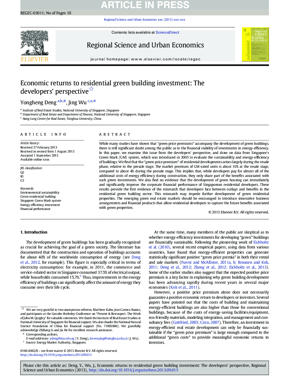 Economic returns to residential green building investment: The developers' perspective