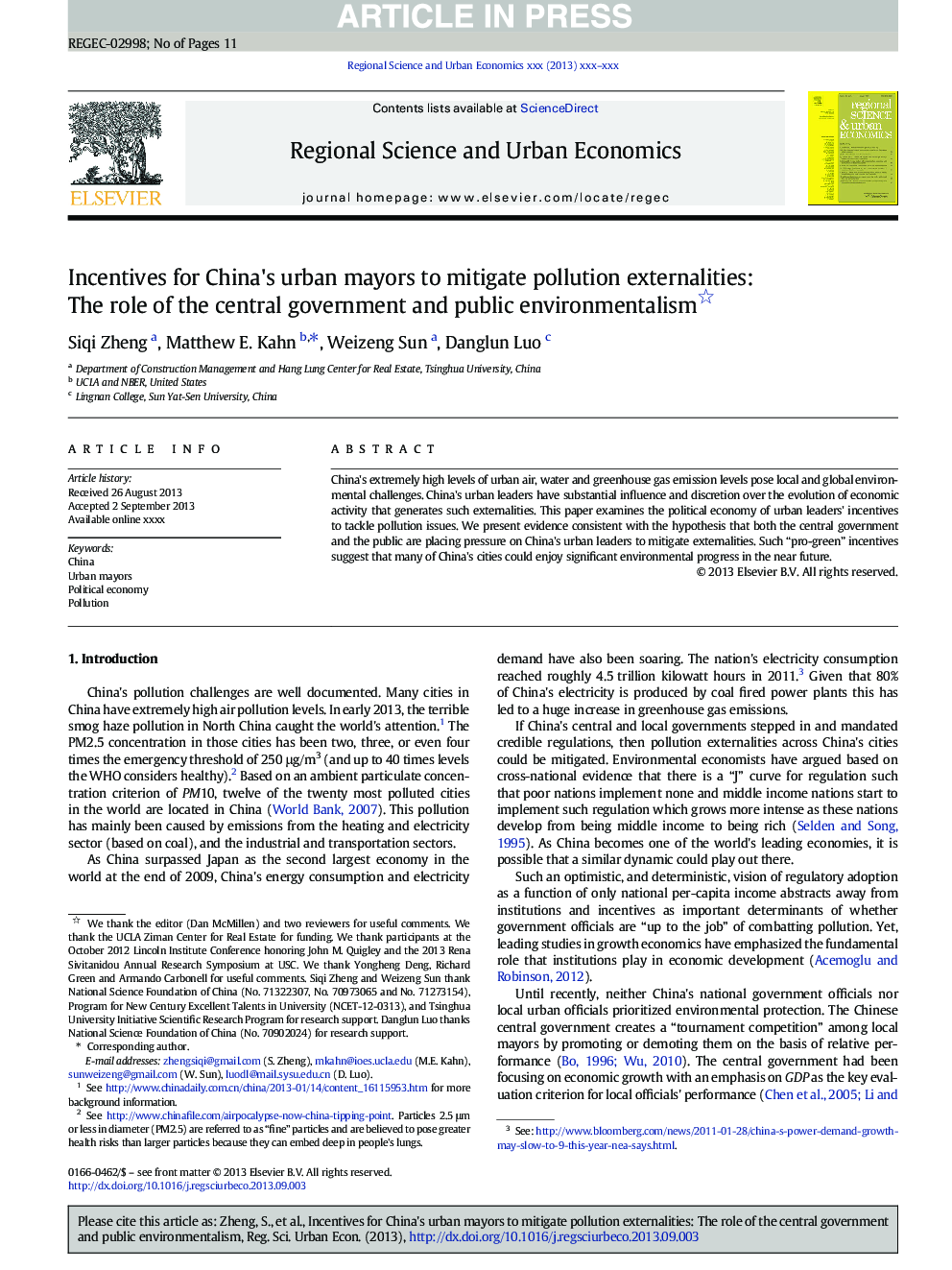 Incentives for China's urban mayors to mitigate pollution externalities: The role of the central government and public environmentalism