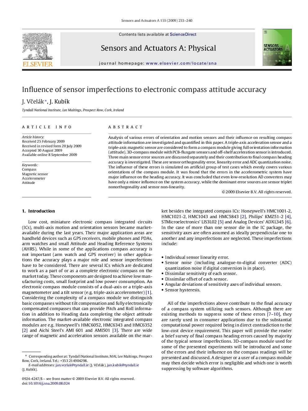 Influence of sensor imperfections to electronic compass attitude accuracy