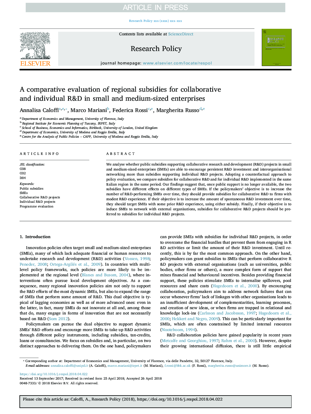 A comparative evaluation of regional subsidies for collaborative and individual R&D in small and medium-sized enterprises