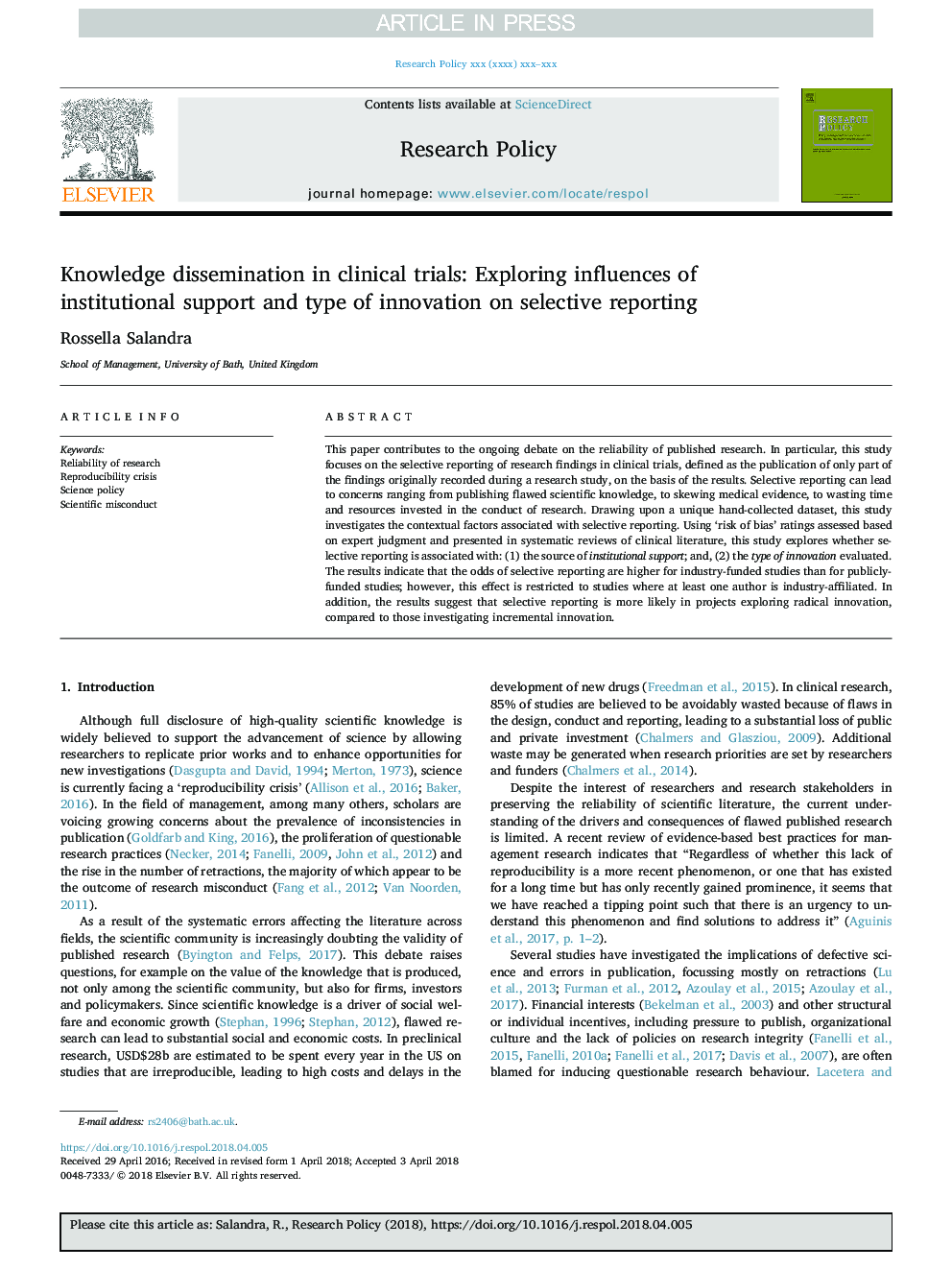 انتشار دانش در کارآزمایی های بالینی: بررسی تأثیر حمایت های نهادی و نوع نوآوری در گزارش های انتخابی 