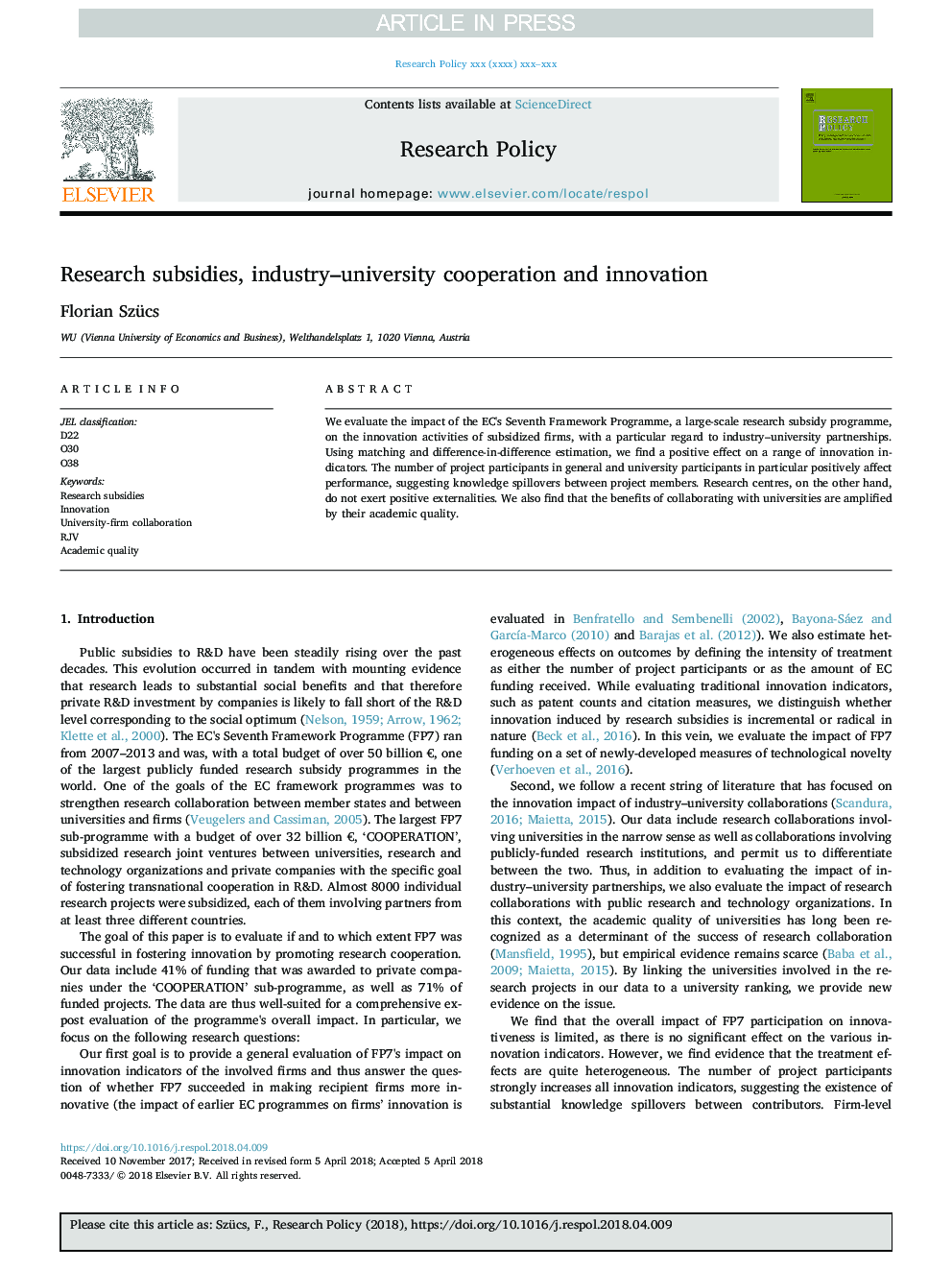 Research subsidies, industry-university cooperation and innovation