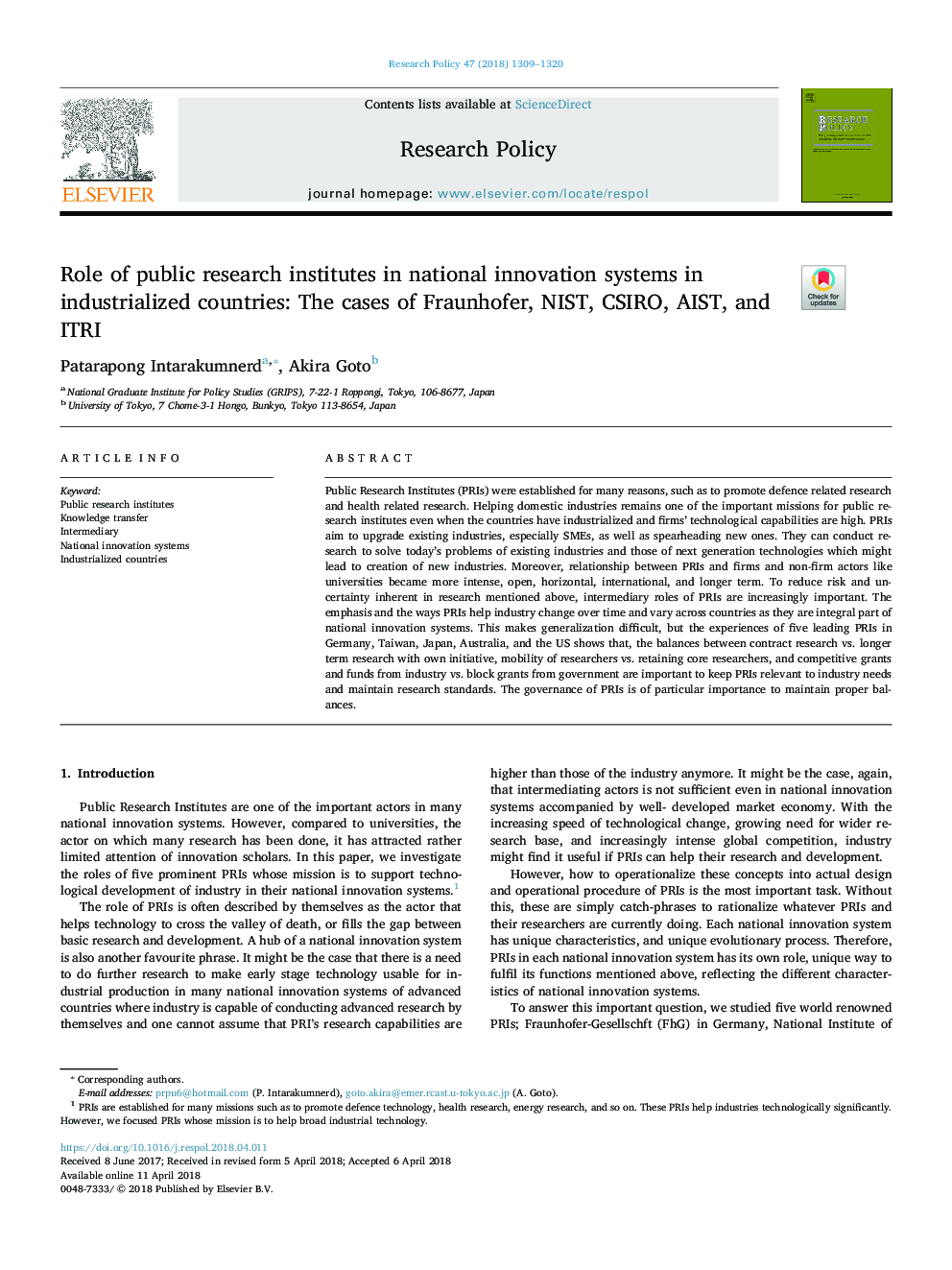 Role of public research institutes in national innovation systems in industrialized countries: The cases of Fraunhofer, NIST, CSIRO, AIST, and ITRI