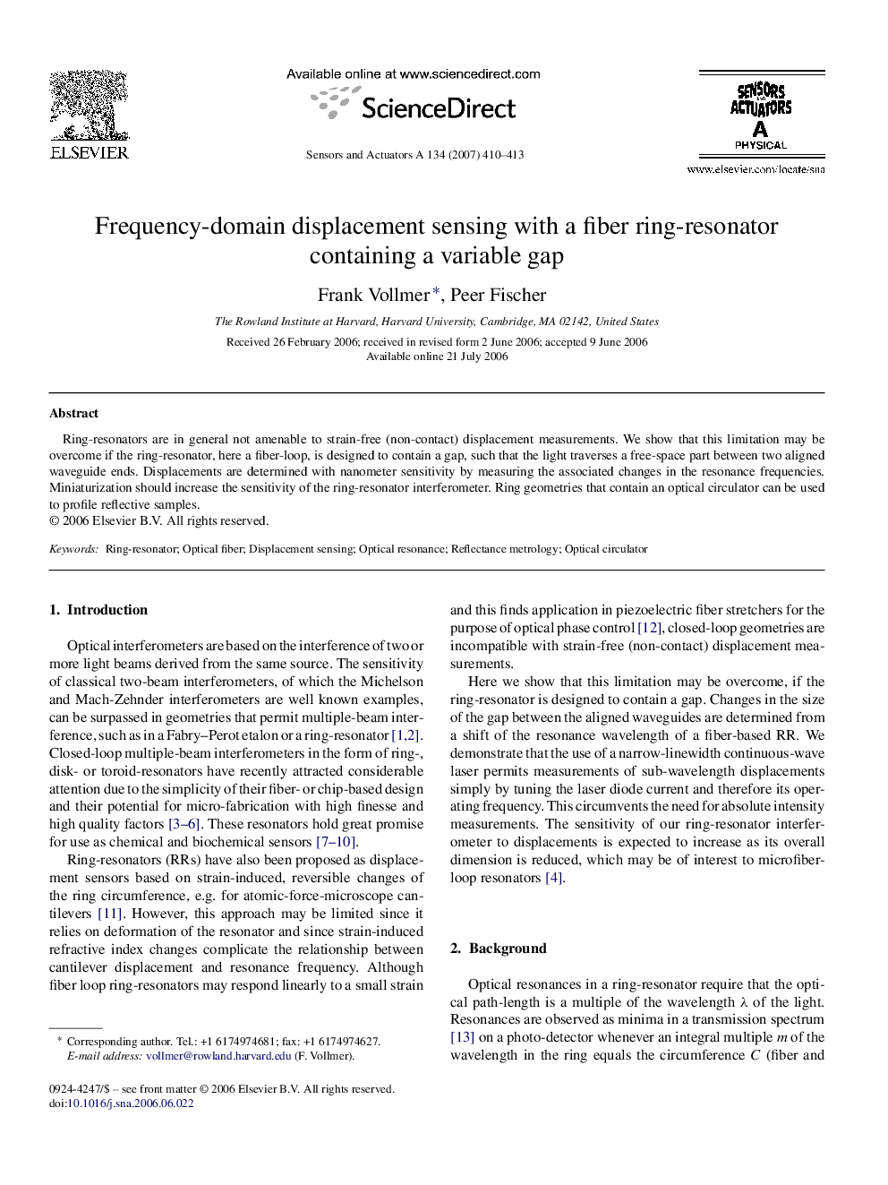 Frequency-domain displacement sensing with a fiber ring-resonator containing a variable gap