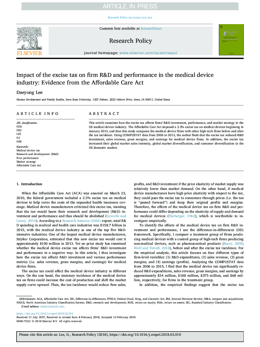 Impact of the excise tax on firm R&D and performance in the medical device industry: Evidence from the Affordable Care Act