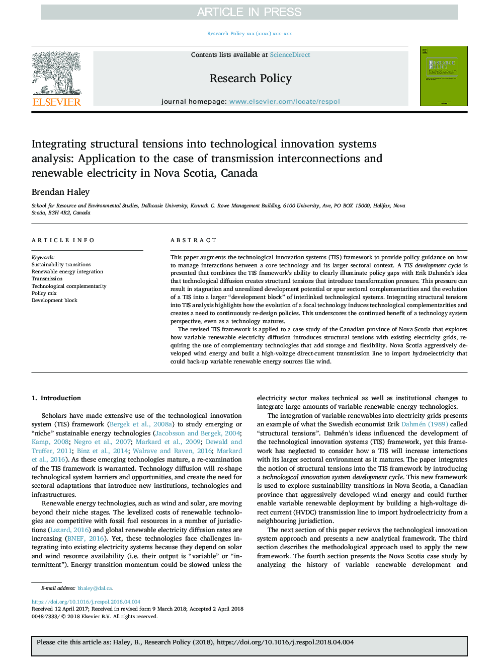 ادغام تنش های ساختاری در تجزیه و تحلیل سیستم های نوآوری در فن آوری: کاربرد در مورد اتصالات انتقال و برق تجدید پذیر در نووا اسکوشیا، کانادا 