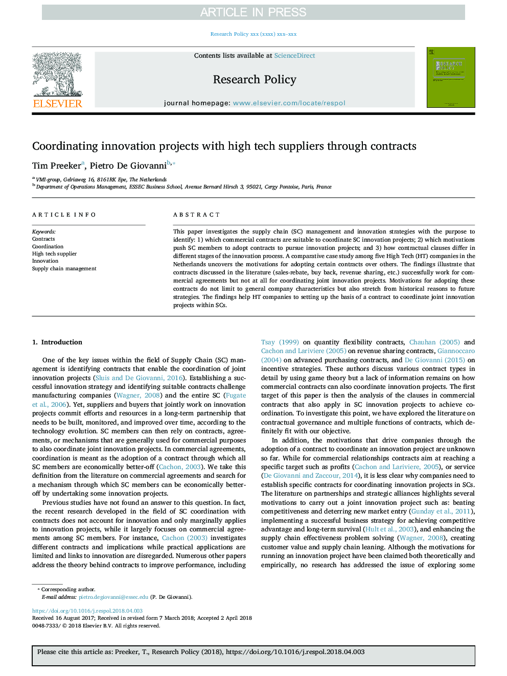 Coordinating innovation projects with high tech suppliers through contracts