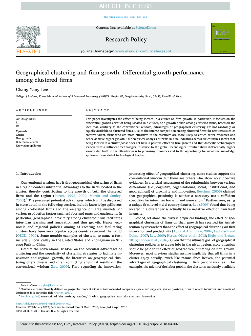 خوشه بندی جغرافیایی و رشد شرکت: عملکرد رشد دیفرانسیلی در میان شرکت های خوشه ای 