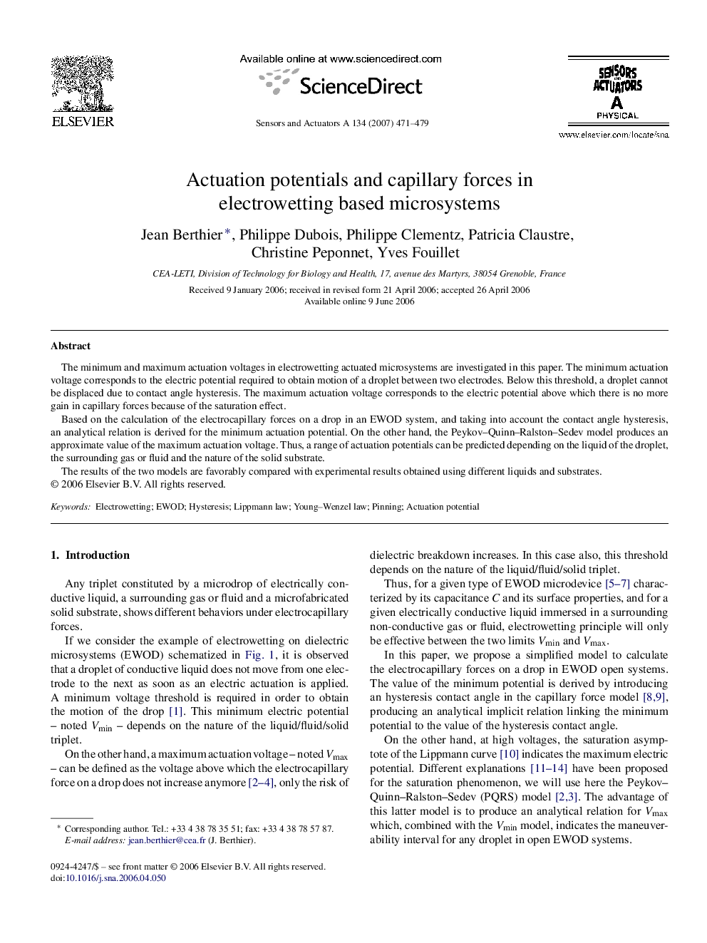 Actuation potentials and capillary forces in electrowetting based microsystems