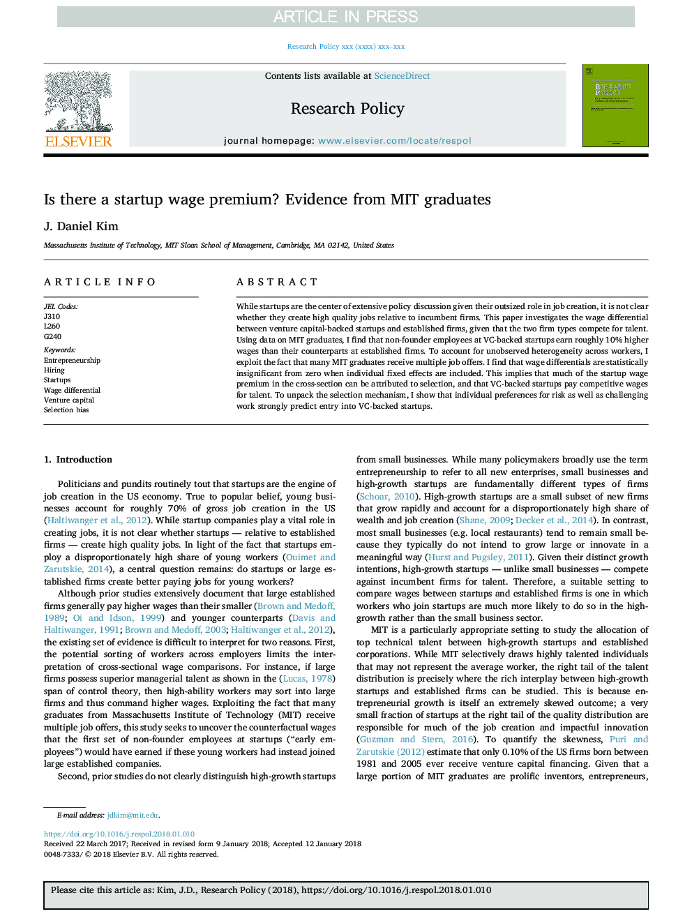 عکس صفحه اول مقاله: Is there a startup wage premium? Evidence from MIT graduates Is there a startup wage premium? Evidence from MIT graduates