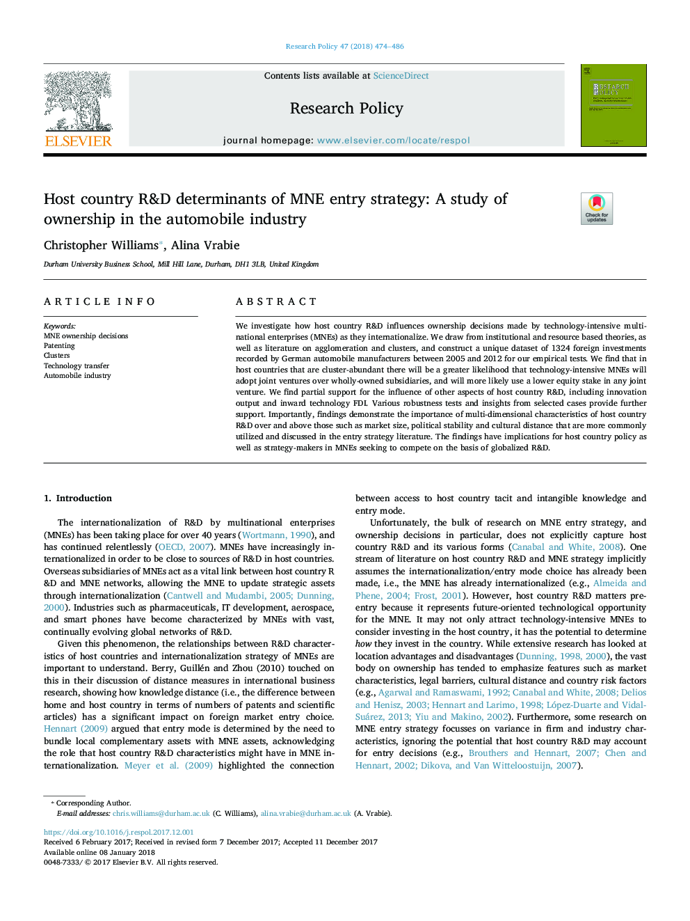 Host country R&D determinants of MNE entry strategy: A study of ownership in the automobile industry