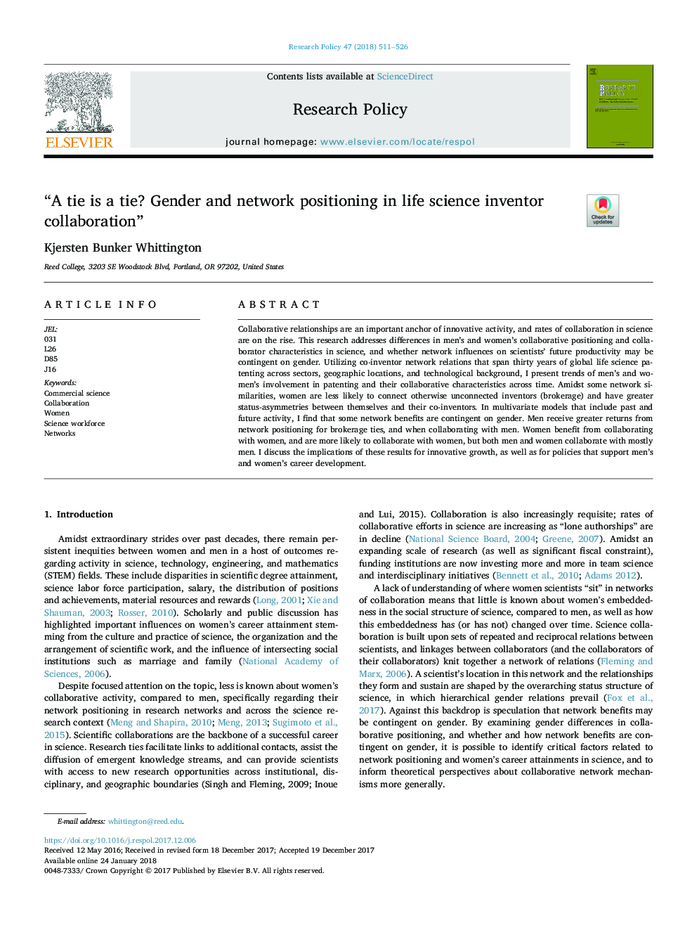 “A tie is a tie? Gender and network positioning in life science inventor collaboration”