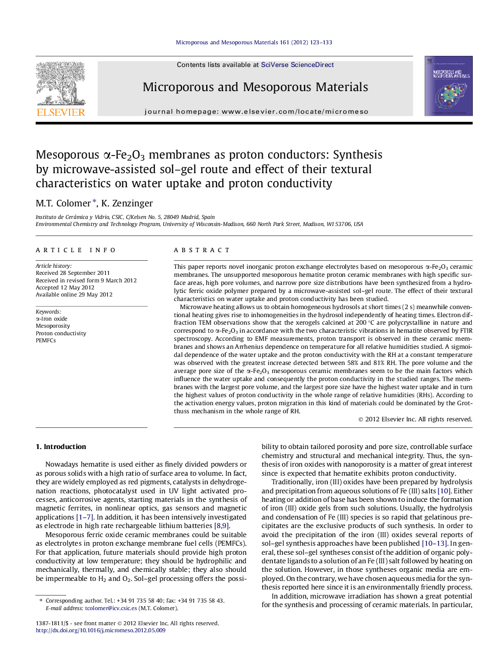 Mesoporous α-Fe2O3 membranes as proton conductors: Synthesis by microwave-assisted sol–gel route and effect of their textural characteristics on water uptake and proton conductivity