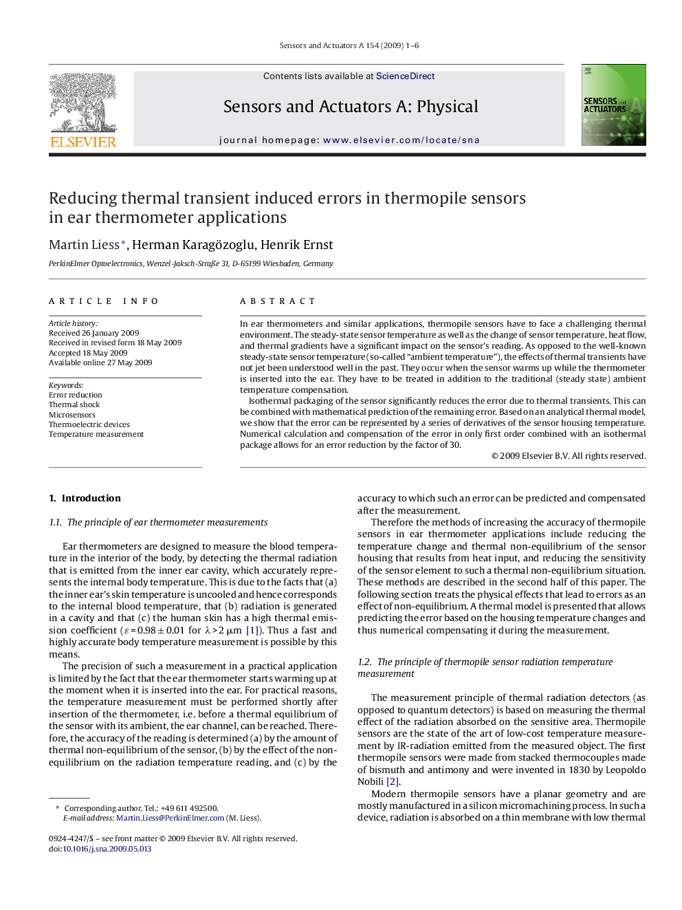 Reducing thermal transient induced errors in thermopile sensors in ear thermometer applications