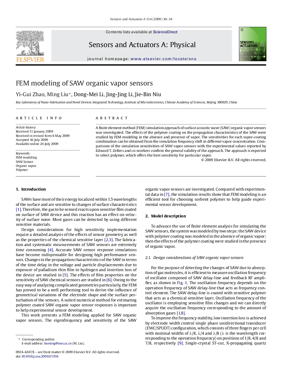 FEM modeling of SAW organic vapor sensors