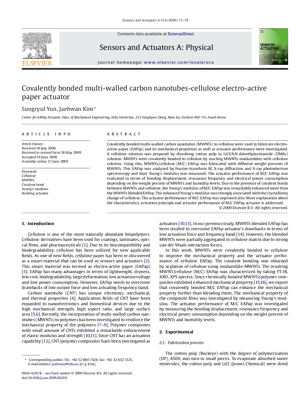 Covalently bonded multi-walled carbon nanotubes-cellulose electro-active paper actuator