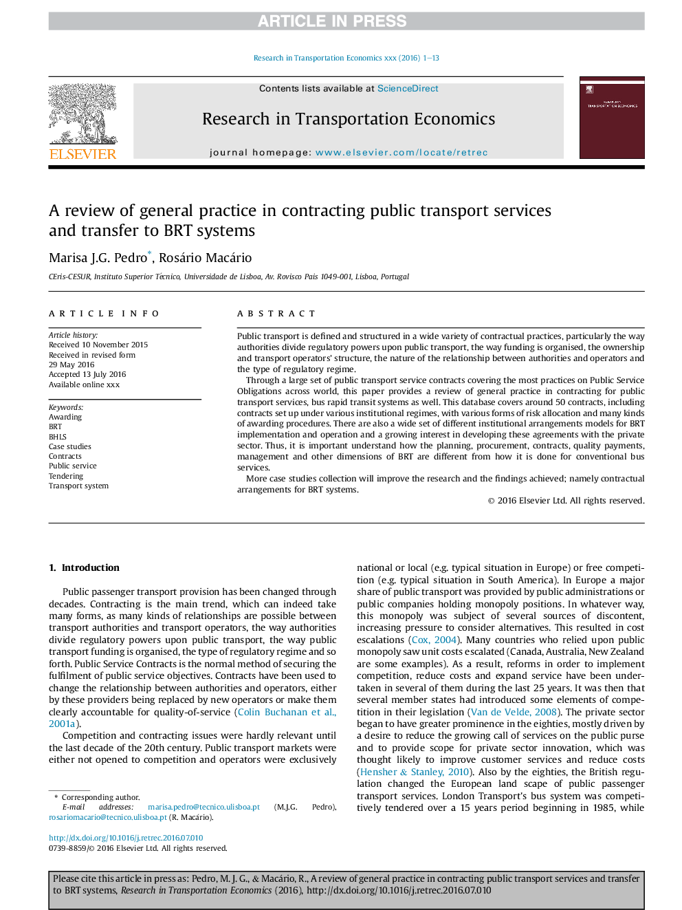 A review of general practice in contracting public transport services and transfer to BRT systems