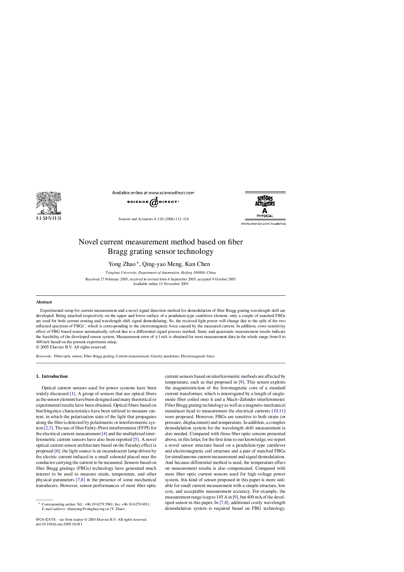 Novel current measurement method based on fiber Bragg grating sensor technology