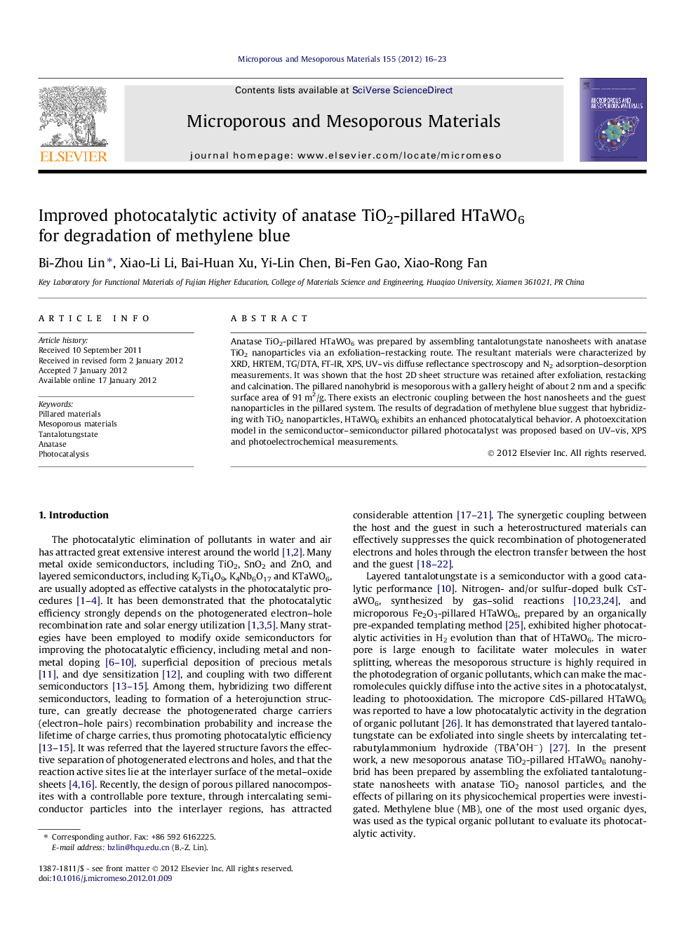 Improved photocatalytic activity of anatase TiO2-pillared HTaWO6 for degradation of methylene blue